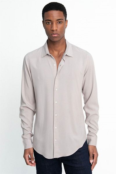 Tudors Slim Fit Μακρυμάνικο Slim Fit Flowing Viscose Stylish ανδρικό πέτρινο πουκάμισο