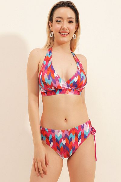 MY'KİNİ Geometric High Waist Bikini Bottom, Geometric Side Sliding Bikini Bottom