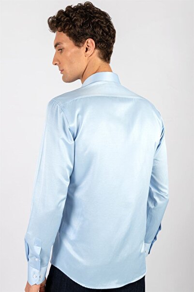Tudors Modern Slim Fit Uzun Kollu Düz Saten Pamuklu Erkek Mavi Gömlek