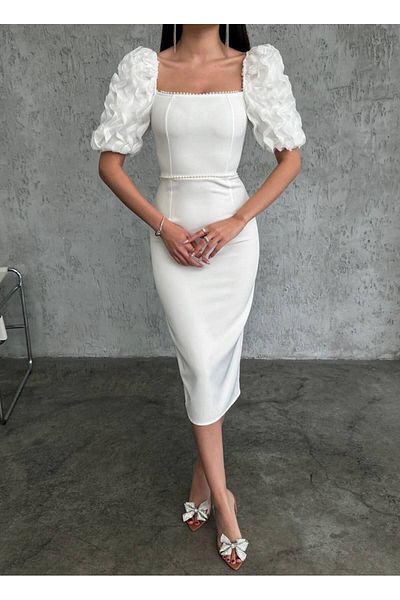 mafdress shoulder detailed pearls square collar white midi length evening dress