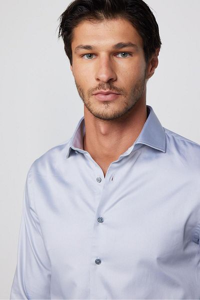 Tudors Šedá pánská košile Slim Fit s dlouhým rukávem z bavlněného saténu Premium Series