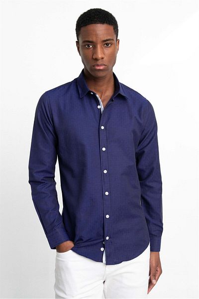 Tudors Мъжка тъмносиня риза Slim Fit с дълъг ръкав с оксфордска текстура Dobby Piping