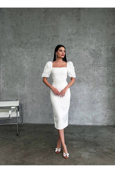 mafdress shoulder detailed pearls square collar white midi length evening dress