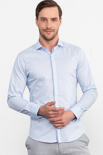 Tudors Super Slim Fit Μακρυμάνικο Βαμβακερό Lycra Ανδρικό πουκάμισο μπλε