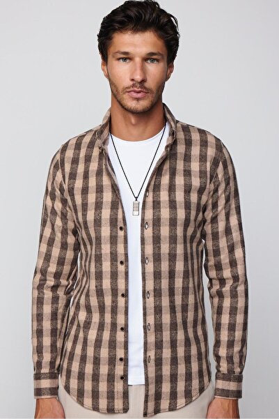 Tudors Slim Fit Uzun Kollu Dar Kesim Düğmeli Yaka Kareli Kışlık Oduncu Erkek Gömlek