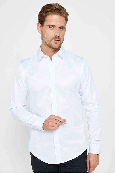 Tudors Bílá pánská košile Slim Fit s dlouhým rukávem se skrytou légou na zádech