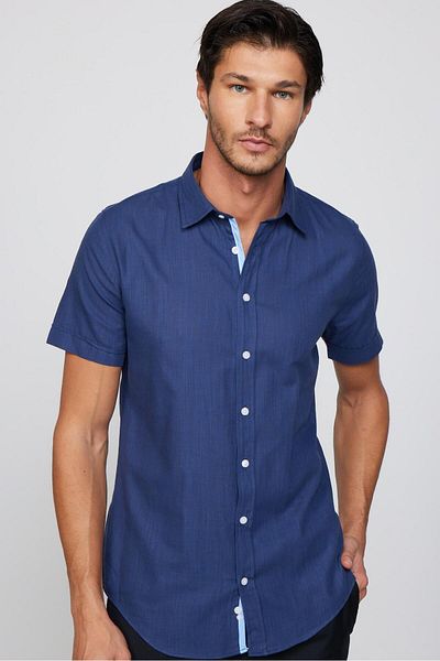 Tudors Ανδρικό πουκάμισο Navy Blue - 100% βαμβάκι, κοντό μανίκι, τσέπη, λινό υφή με λεπτή εφαρμογή
