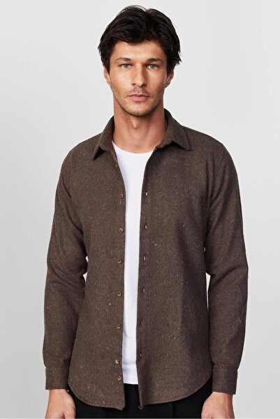 Tudors Erkek Slim Fit Dar Kesim Uzun Kollu Düz Kışlık Oduncu Kahverengi Gömlek