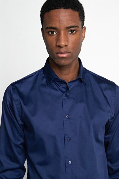 Tudors Slim Fit Uzun Kollu Koton Saten Premium Seri Erkek Lacivert Gömlek