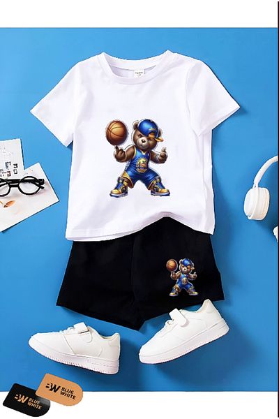 FRİENDS KİDS ''Teddy Bear Basketball'' Printed Children's Shorts-T-Shirt Set