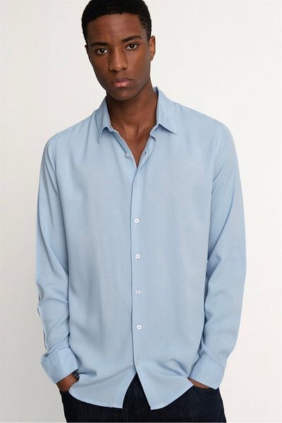 Tudors Slim Fit Μακρυμάνικο Slim Fit Flower Viscose Stylish ανδρικό πουκάμισο μπλε