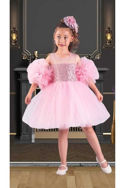 Bambi Kids Girls' Evening Dress with Pompom Sleeve and Sequined Tutu - 3-10 for Birthday and Wedding