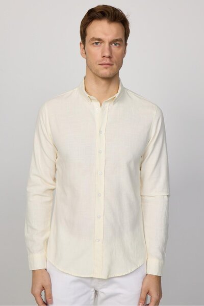 Tudors Men's Slim Fit Ecru Shirt - Long Sleeve, 100% Cotton, Linen Texture, Buttoned Collar