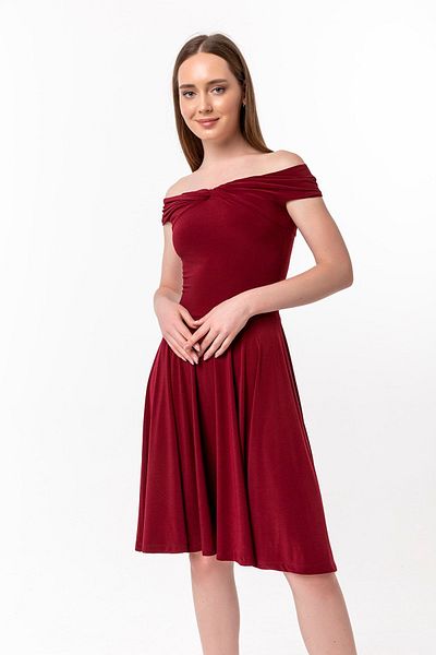 Laranor Madonna Collar Burgundy Moving Dress - Day and Night Elegance with Skirt Detail