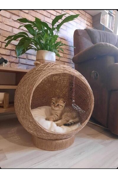 Minimalhomedesign Jüt Ip Hasır Kedi Yatağı, Yuvarlak Kapsül Yatak 45cm