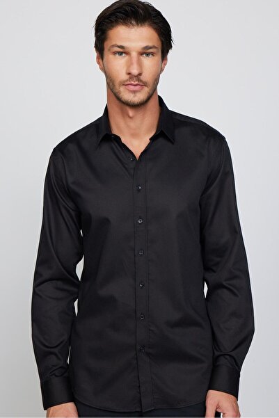 Tudors Modern Fit Uzun Kollu %100 Pamuk Armürlü Premium Siyah Erkek Gömlek