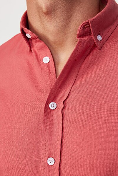 Tudors Slim Fit férfi karcsúsított hosszú ujjú 100% pamut vászon textúra gombos gallér poros rózsa színű ing