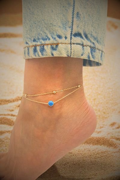PlnDesign Gold Color Double Rows with Round Mother of Pearl Figure - Anklet and Summer Fashion Beach Jewelry, Daily Chic