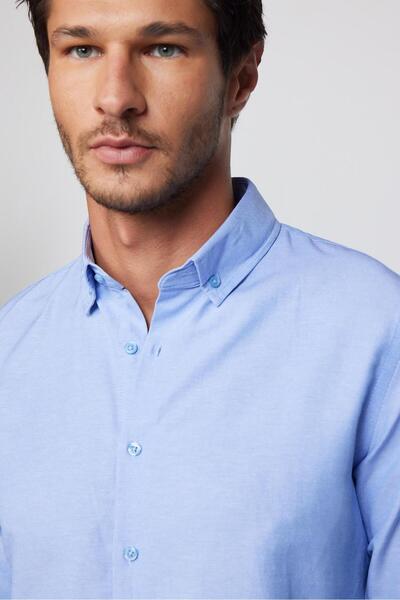 Tudors Ανδρικό πουκάμισο μακρυμάνικο με κουμπιά και μακρυμάνικο, βαμβακερό εύκολο σιδέρωμα απλό μπλε