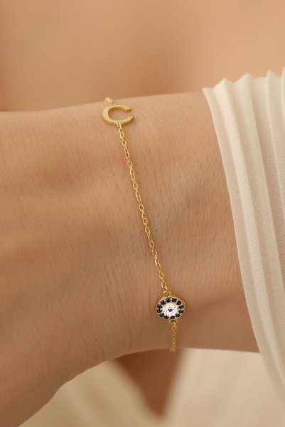 Nox Jewelry 925 Ayar Gümüş Kişiye Özel Baş Harfli Nazar Boncuğu Bileklik Gümüş-18-20