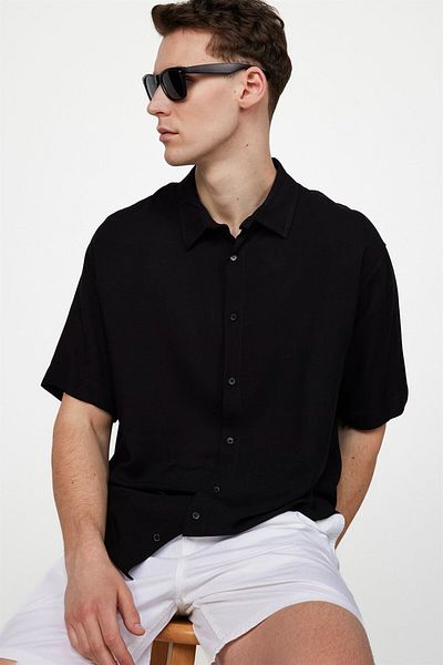 Tudors Relax Fit Short Sleeve Plain Viscose Men's Black Shirt
