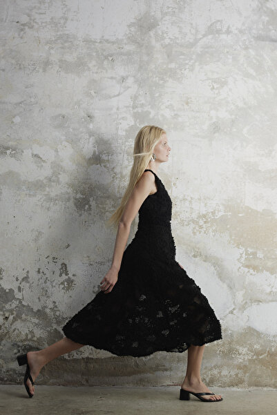 By Mare Style Strappy Midi Length Feather Fabric Black Dress