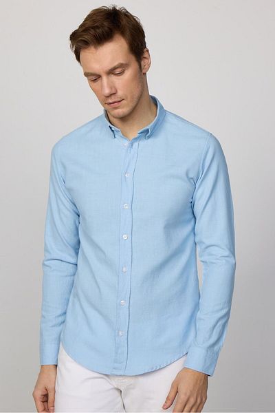 Tudors Cămașă albastră Slim Fit pentru bărbați - mânecă lungă, 100% bumbac, textura in, guler cu nasturi