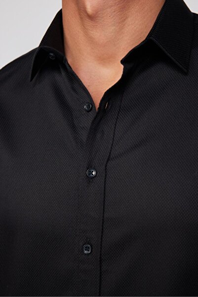Tudors Modern Fit Uzun Kollu %100 Pamuk Armürlü Premium Siyah Erkek Gömlek