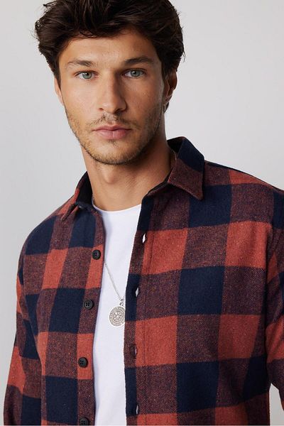 Tudors Slim Fit Long Sleeve Checked Winter Lumberjack Men's Coffee Shirt