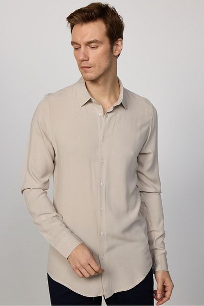 Tudors Slim Fit Μακρυμάνικο Slim Fit Flowing Viscose Stylish Stone Ανδρικό πουκάμισο