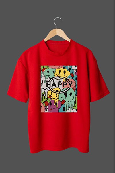 oneagılyazı تي شيرت مطبوع عليه Happy للجنسين مقاس كبير