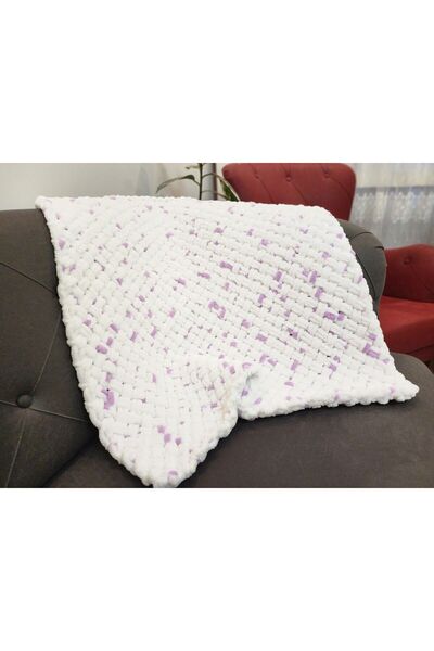 Genel Markalar Puffy Beyaz-Mor Benekli El Örgüsü 85x80 CM Bebek Battaniyesi