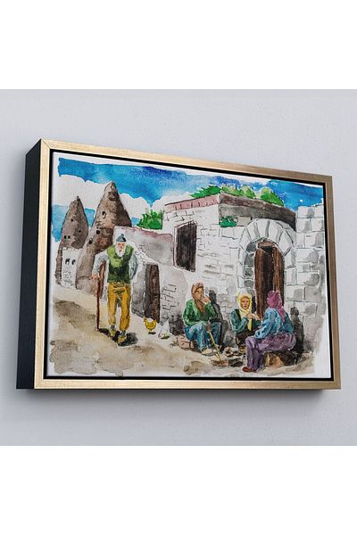 Harita Sepeti Рамкиран акварелен пейзаж с декоративна картина на село в Гьореме, Кападокия-3756