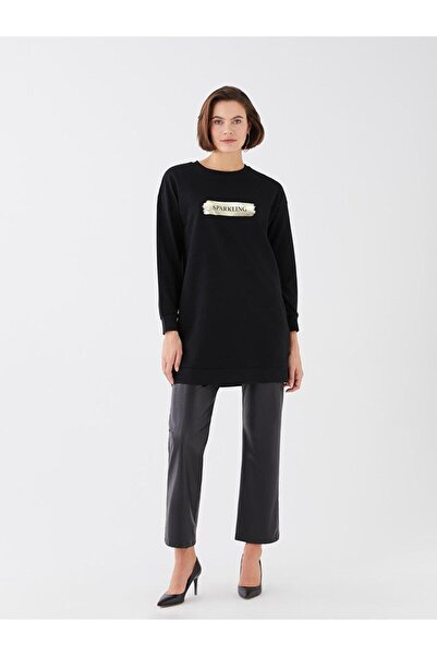 LC Waikiki LCWAIKIKI Classic Bisiklet Yaka Baskılı Uzun Kollu Kadın Sweatshirt Tunik