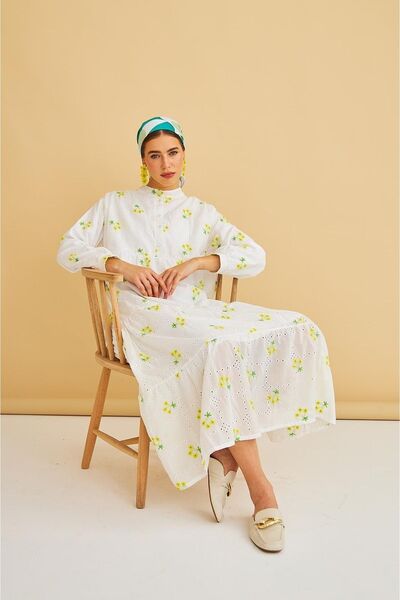 Basicpark Κίτρινο φόρεμα Guipure με κέντημα και κέντημα με κουμπιά