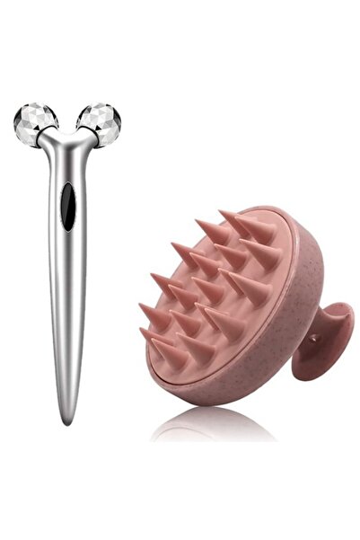 Welta مجموعة أدوات تدليك ثلاثية الأبعاد لشد بشرة الوجه ومشط تدليك الشعر من السيليكون الناعم باللون الوردي