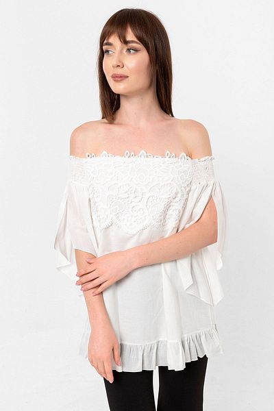 Laranor Λευκή μπλούζα Voile με λεπτομέρεια γιακά Madonna με σχισμένο μανίκι
