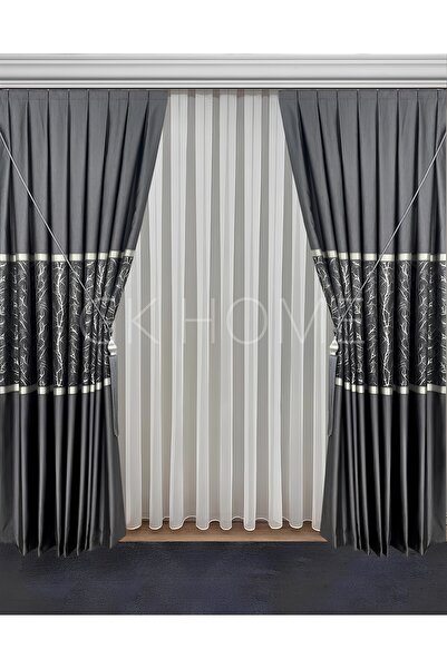 SAYDEMİR HOME Lüks Antrasit Gri Pano Fon Perde Jakarlı Sık Pile Tek Kanat 1/3