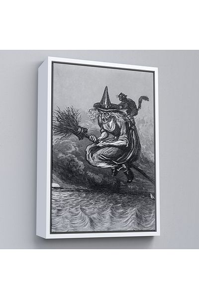 Harita Sepeti Vrăjitoarea în vârstă și pisica ei zburătoare cu o mătură în cadru, cadou de Halloween, pictură Hellowen -6304