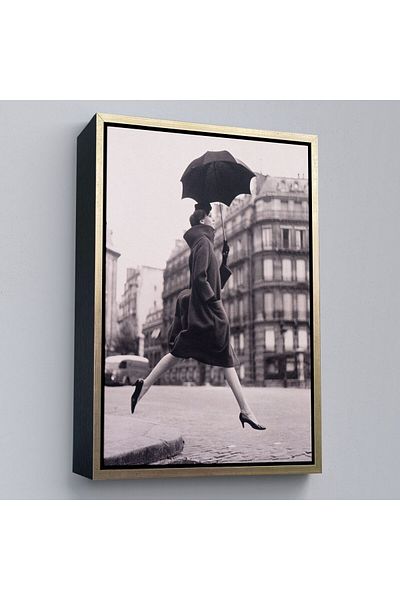 Harita Sepeti Framed Carmen Jumps over a Puddle of Water on the Street with an Umbrella Canvas Print-5286