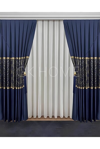 SAYDEMİR HOME Lüks Lacivert Gold Pano Fon Perde Jakarlı Sık Pile Tek Kanat 1/3