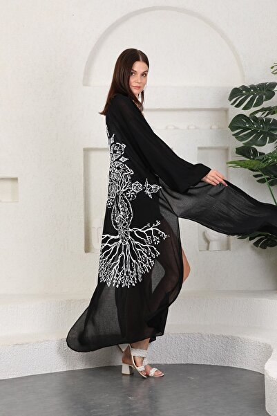 Miss Madly Kimono Kadın Siyah Yaşam Ağacı Baskılı Miss30270