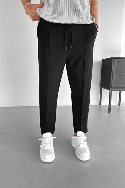 MADZEYMODA Boyfriend Mold Ανδρικό ύφασμα βάφλα μαύρο Jogger με ελαστική μέση
