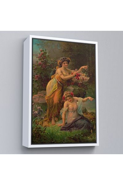 Harita Sepeti Pictură decorativă de perete pentru femeie cu flori pe laturile lacului cu cadru-6248