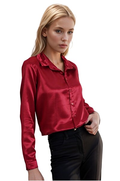Cassime Kadın Düz Bordo Klasik Saten Düğmeli Klasik Gömlek