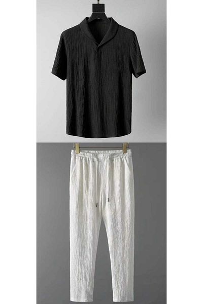 Elvino Unisex Lycra Summer T-Shirt and Tracksuit Set - Black/White, Wrapped Crinkle Fabric