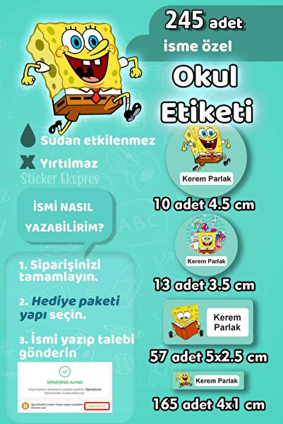 Sticker Ekspres Okul Etiketi Sünger Bob Kalem Defter Etiketi Özel İsim Yazıla...