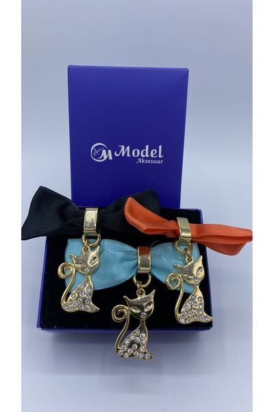 model aksesuar مجسم قطة ثلاثي مع فيونكة وأحجار كريستال