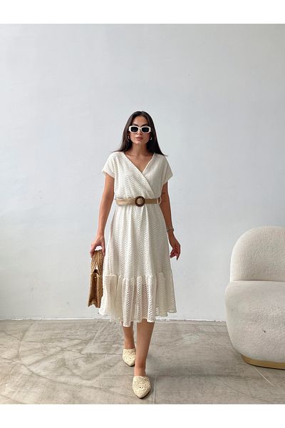 BELLA FASHION Lace Detailed Straw Belt Dress