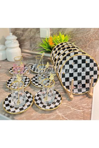 PONCİKPAZAR 24-Piece Checkerboard Patterned Tea and Cake Set for 6 People